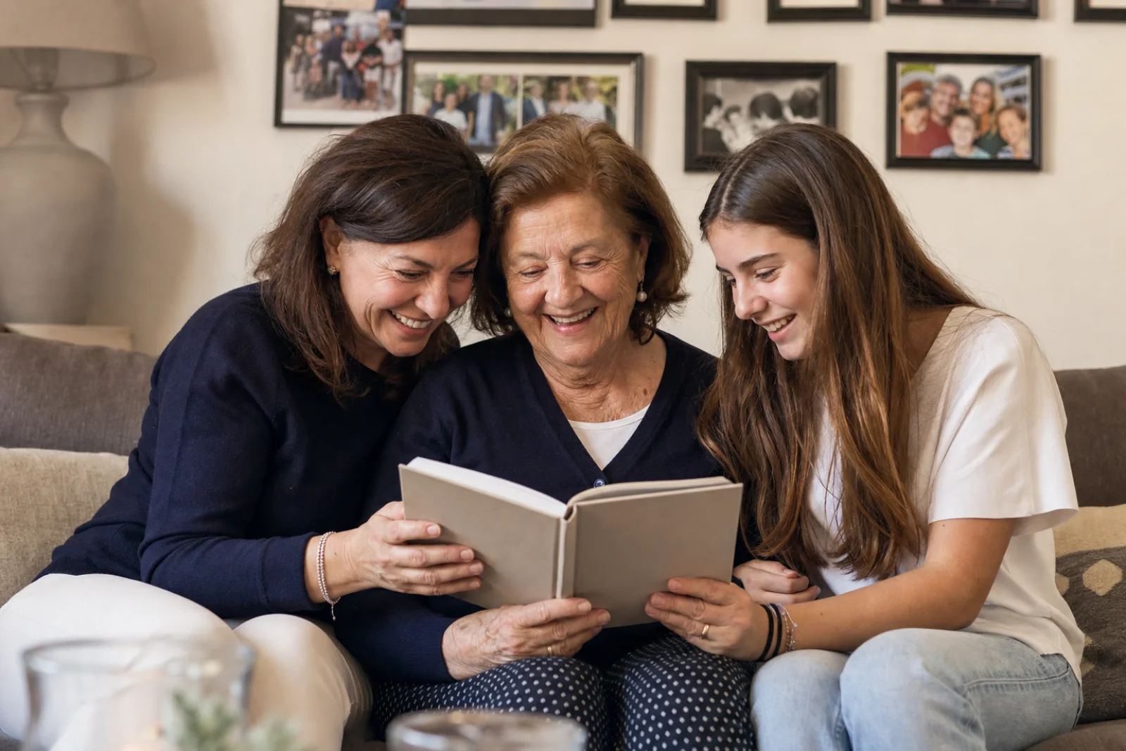 Tre generazioni di una famiglia sfogliano insieme il libro dei ricordi