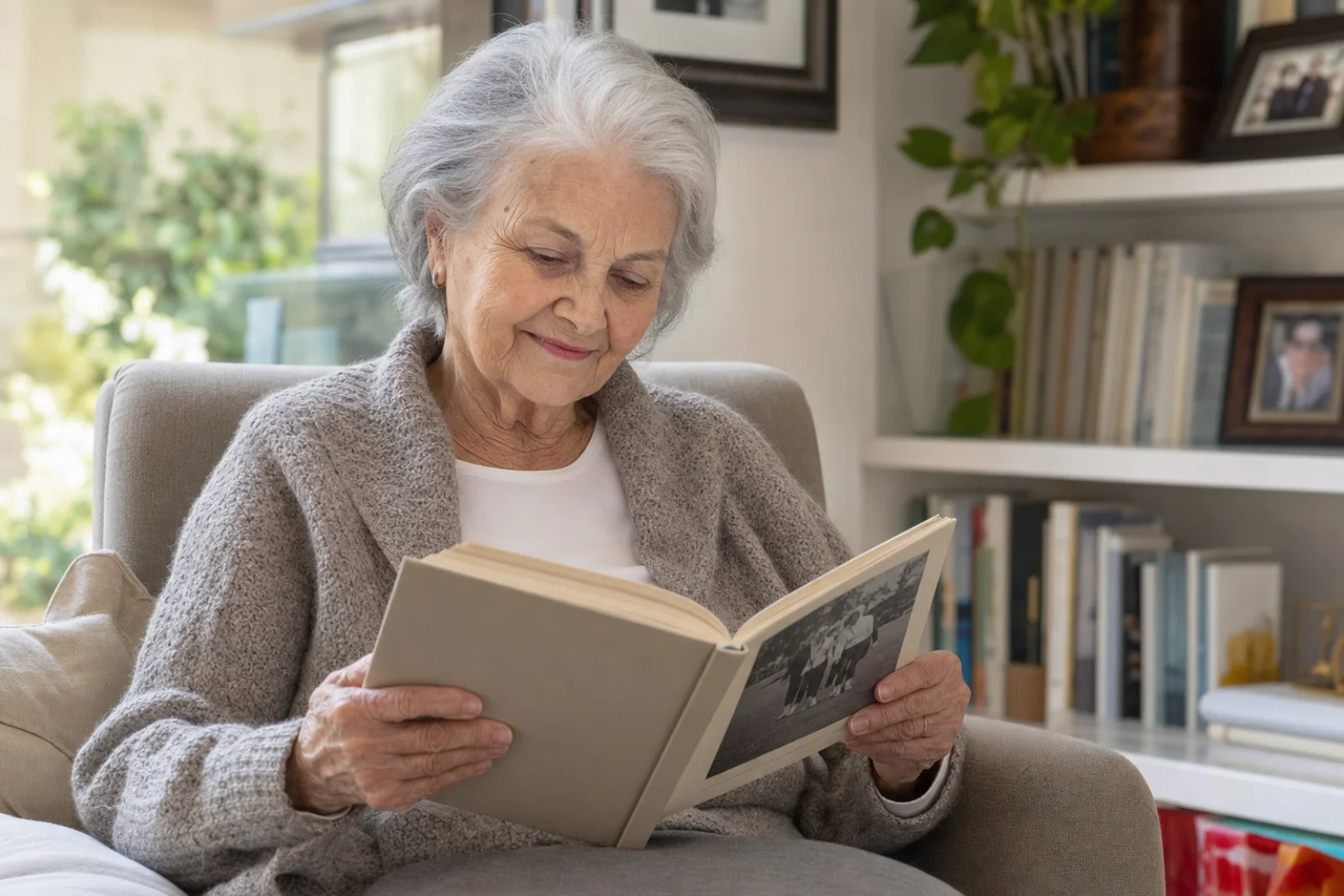 Una signora sfoglia il suo libro dei ricordi in poltrona