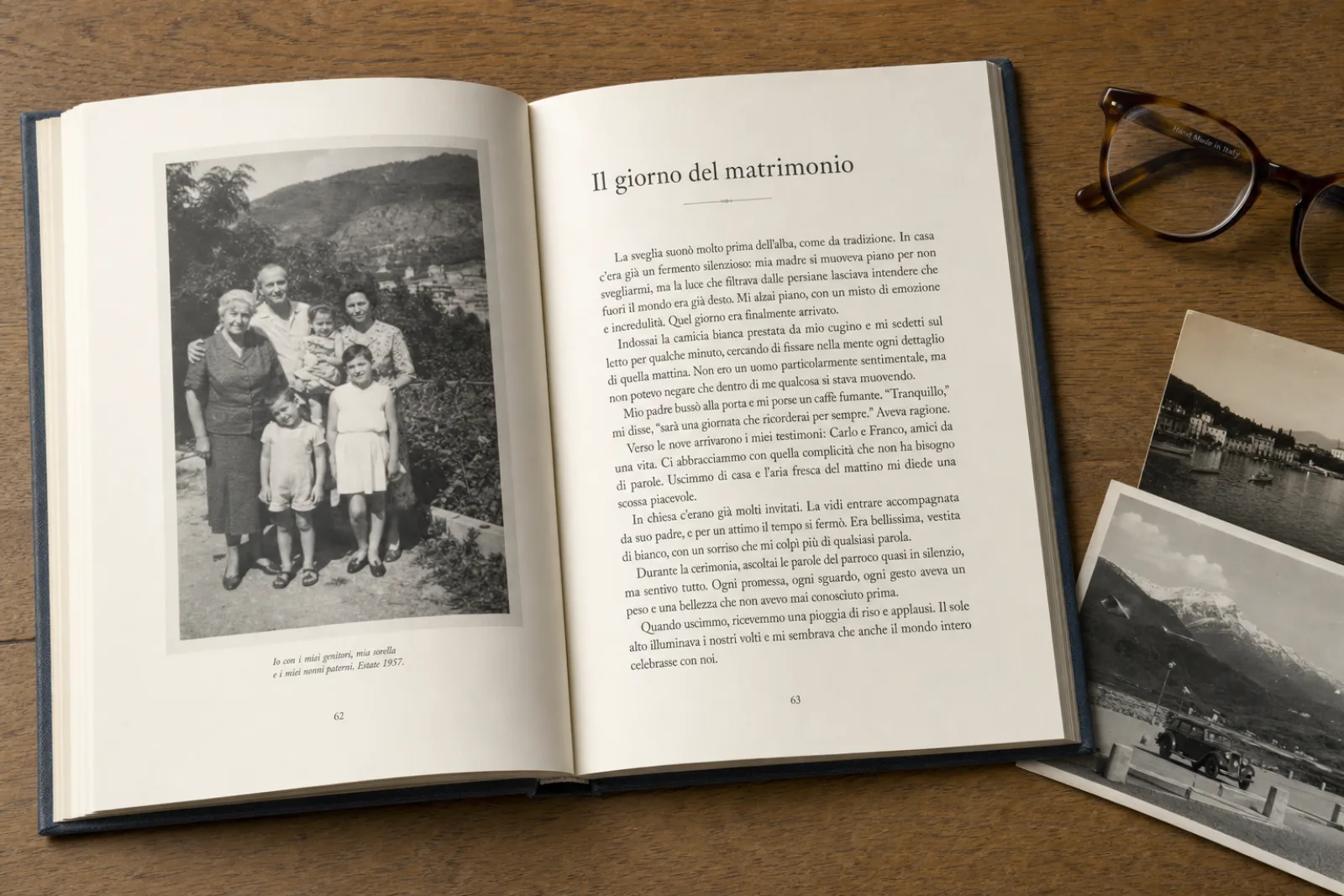 Le pagine interne del libro: una foto d’epoca a sinistra, il capitolo a destra
