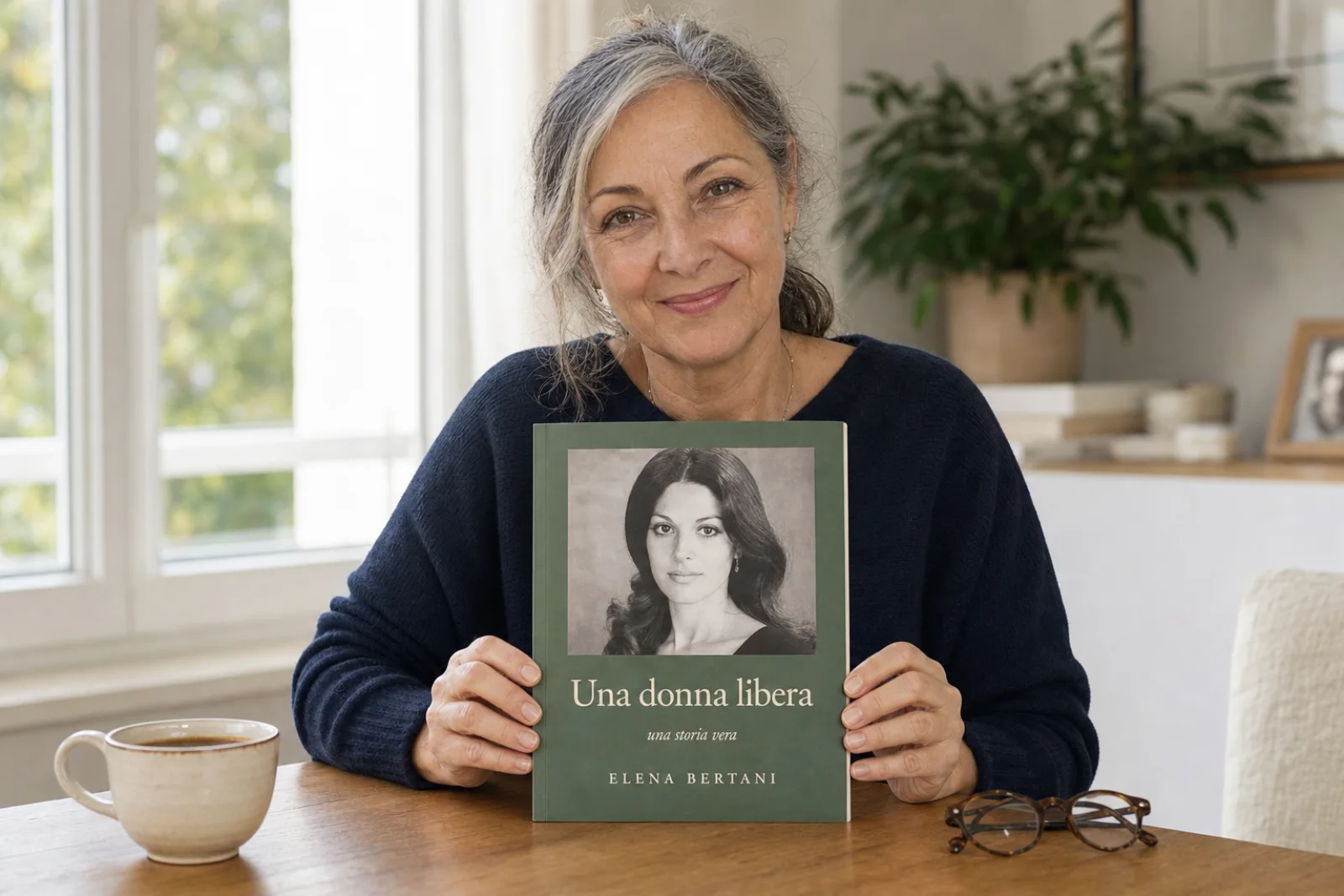Una signora mostra il suo libro pubblicato