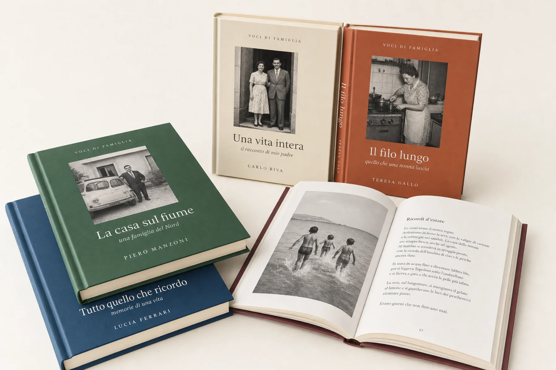Libri dei ricordi impilati e uno aperto sulle pagine interne